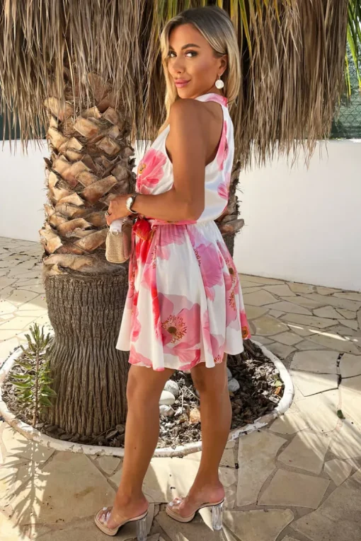 Cream And Pink Floral Print Halter Neck Tie Waist Mini Dress