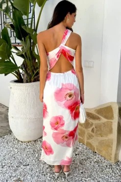 Cream And Pink Floral Print One Shoulder Open Back Twist Detail Midi Dress