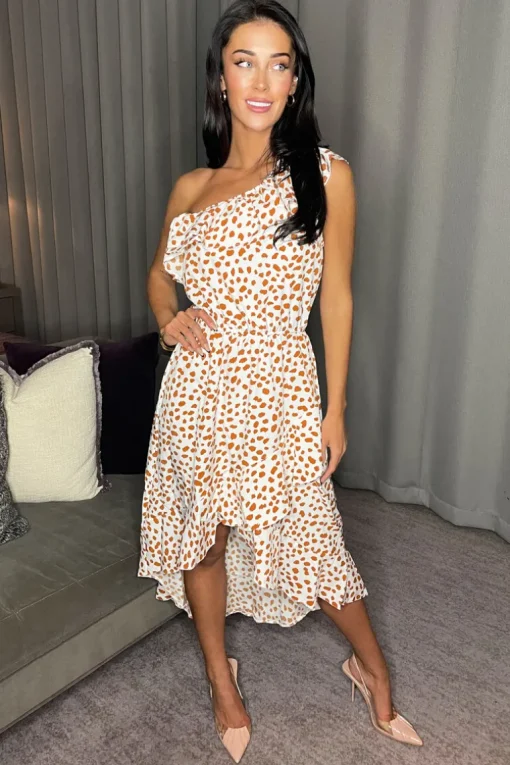 Cream And Tan Print One Shoulder Frill Detail Dipped Hem Dress