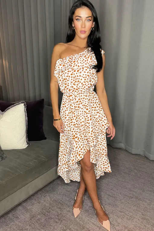 Cream And Tan Print One Shoulder Frill Detail Dipped Hem Dress