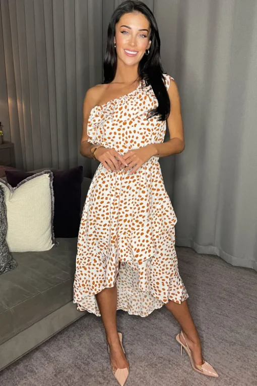 Cream And Tan Print One Shoulder Frill Detail Dipped Hem Dress