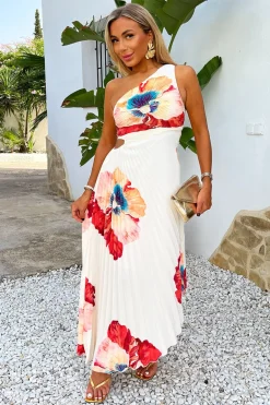 Cream Bold Floral Print One Shoulder Cut Out Pleated Midi Dress