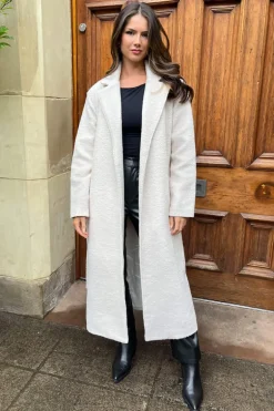 Cream Boucle Tie Belt Longline Trench Coat