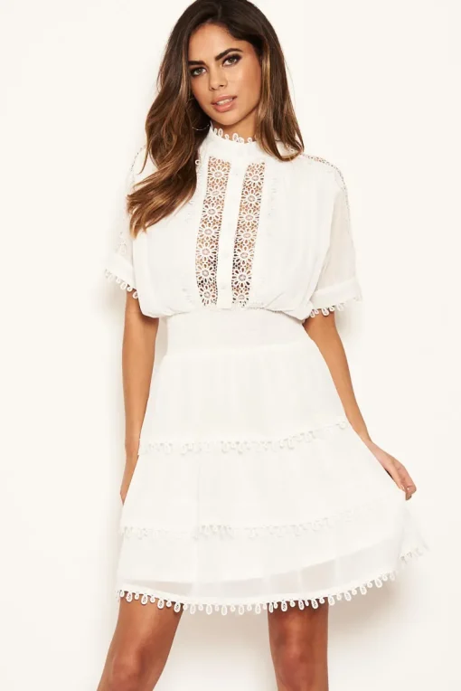 Cream Crochet Detail Tiered Dress