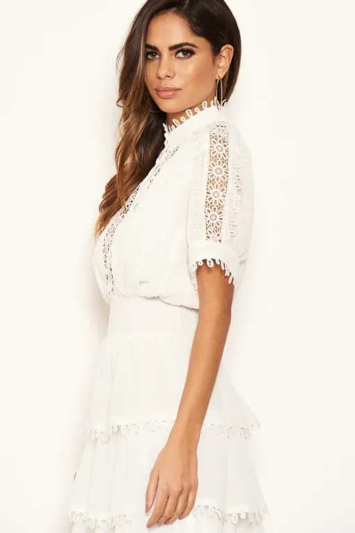 Cream Crochet Detail Tiered Dress