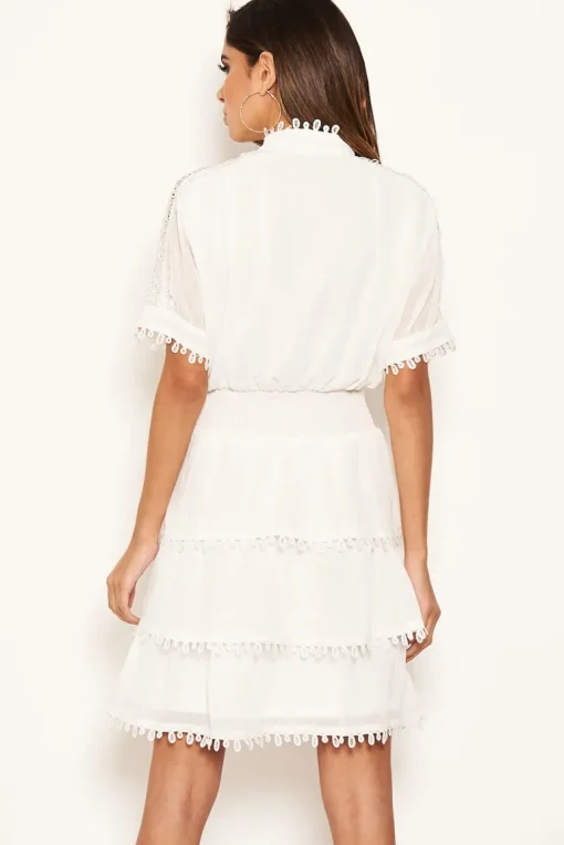 Cream Crochet Detail Tiered Dress