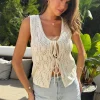 Cream Crochet Knit Double Tie Front Top