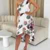 Cream Floral One Shoulder Frill Detail Dipped Hem Dress