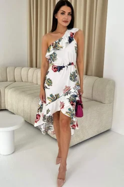 Cream Floral One Shoulder Frill Detail Dipped Hem Dress