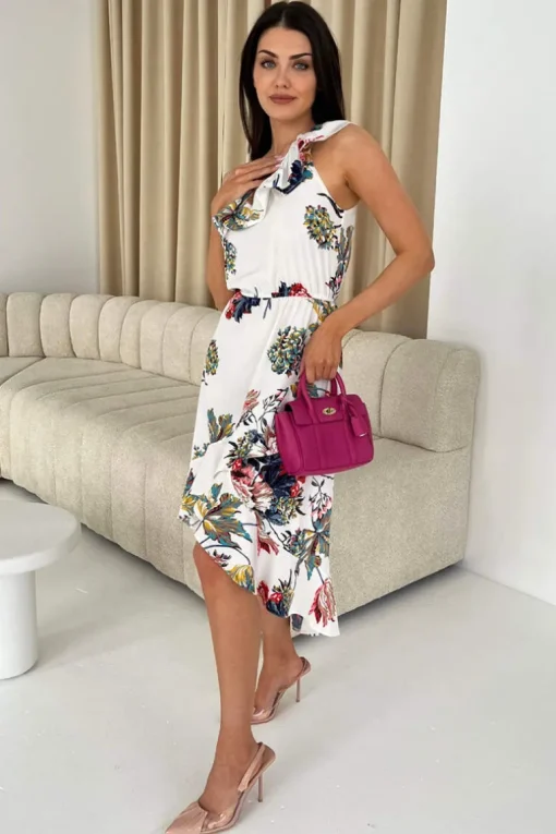 Cream Floral One Shoulder Frill Detail Dipped Hem Dress