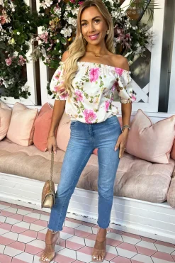 Cream Floral Print Elasticated Off The Shoulder Frill Detail Top
