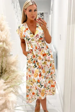 Cream Floral Print Short Sleeve Belted Wrap Midi Dress