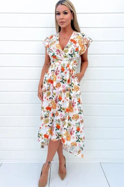 Cream Floral Print Short Sleeve Belted Wrap Midi Dress