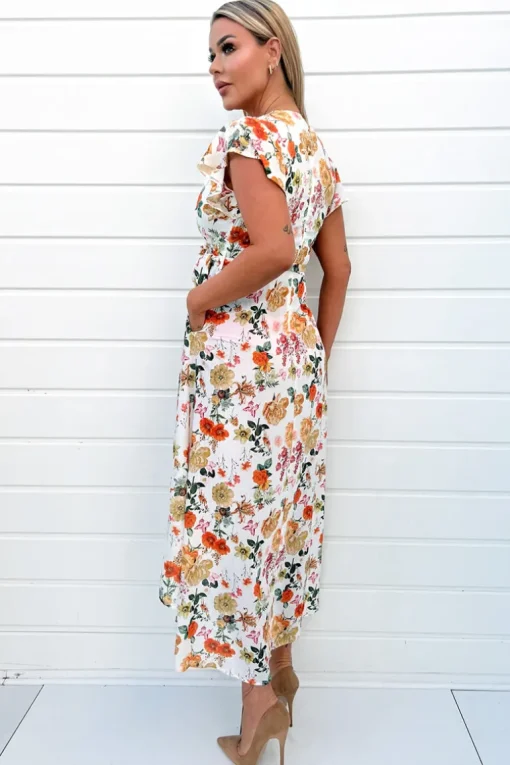 Cream Floral Print Short Sleeve Belted Wrap Midi Dress