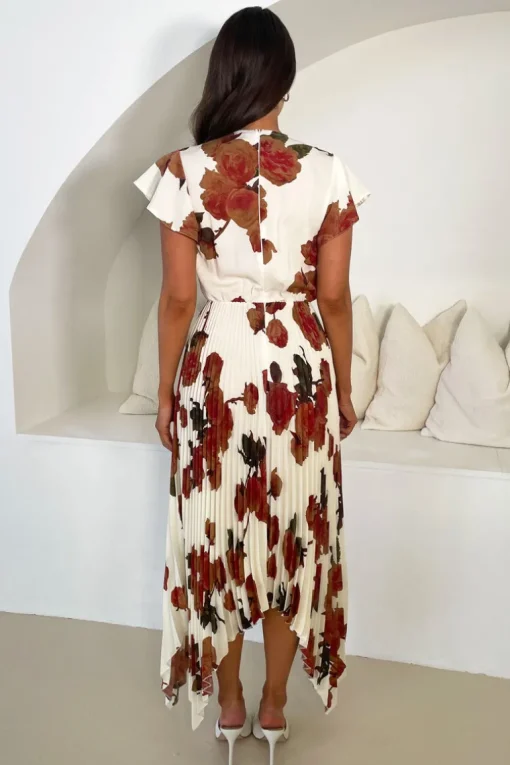 Cream Floral Print Wrap Top Asymmetrical Hem Pleated Midi Dress