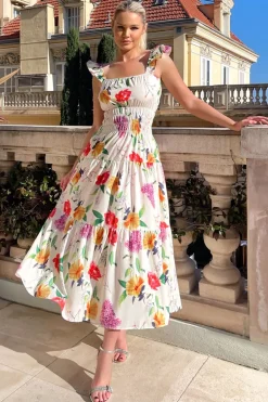 Cream Floral Printed Frill Strap Midi Dress