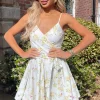 Cream Floral Printed Strappy Wrap Top Belted Mini Dress