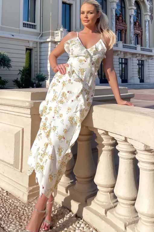 Cream Floral Printed Strappy Frill Hem Midi Dress
