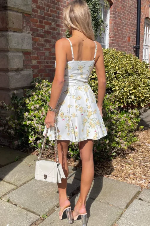 Cream Floral Printed Strappy Wrap Top Belted Mini Dress
