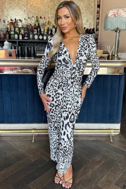 Cream Leopard Print Long Sleeve V Neck Knot Drape Midi Dress