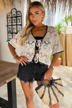 Cream Open Crochet Contrast Hem Short Sleeve Tie Front Top