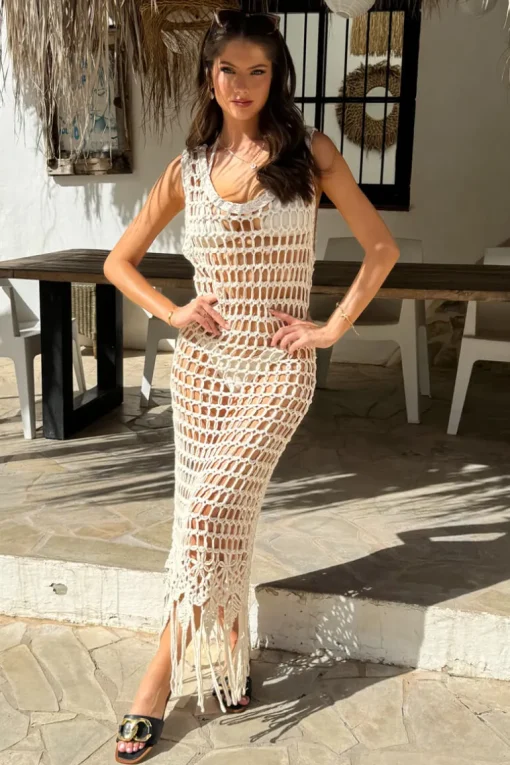 Cream Open Stitch Crochet Tassel Midi Dress