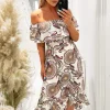 Cream Paisley Printed Bardot Style Midi Dress