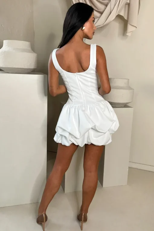 Cream Pearl Neckline Puff Ball Mini Dress