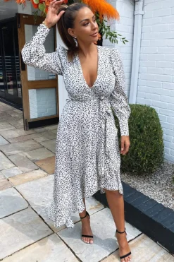 Cream Printed Asymmetric Hem Midi Dress
