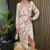 Cream Printed Collared Neck Wrap Midi Dress