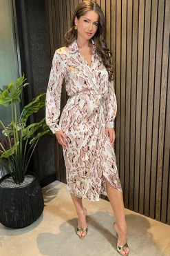 Cream Printed Collared Neck Wrap Midi Dress