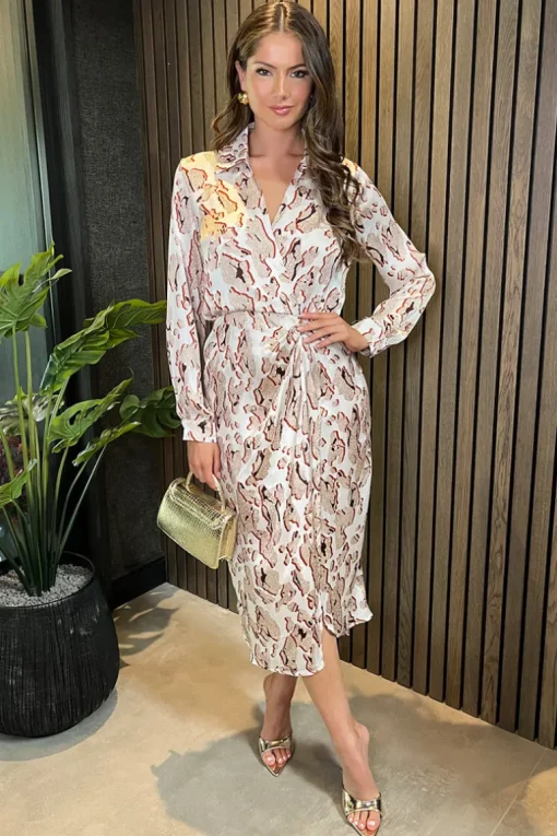 Cream Printed Collared Neck Wrap Midi Dress