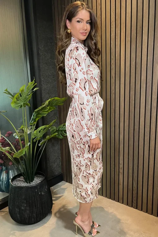 Cream Printed Collared Neck Wrap Midi Dress