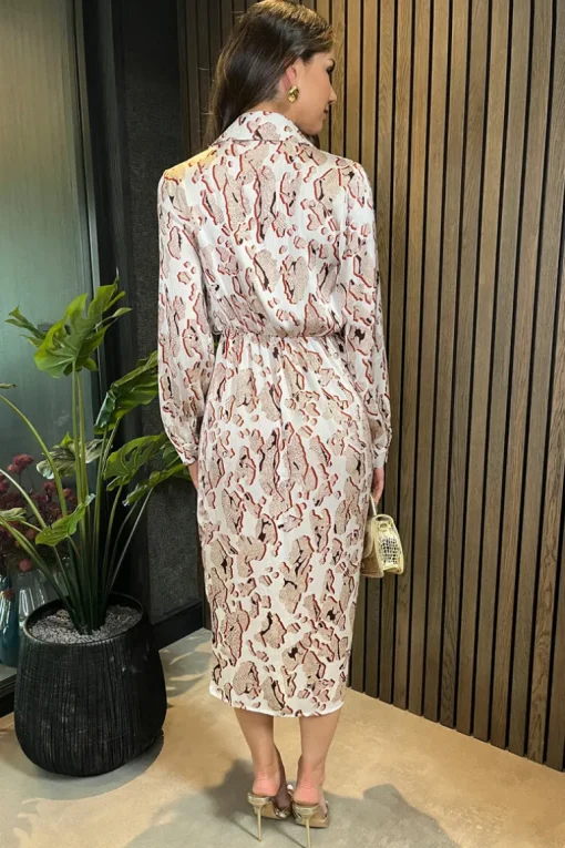 Cream Printed Collared Neck Wrap Midi Dress