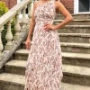 Cream Printed One Shoulder Pleated Midi Dress