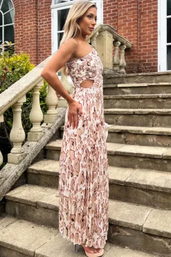 Cream Printed One Shoulder Pleated Midi Dress