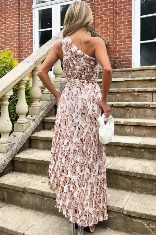 Cream Printed One Shoulder Pleated Midi Dress