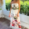 Cream Safari Print Strapless Shirred Waist Side Split Midi Dress