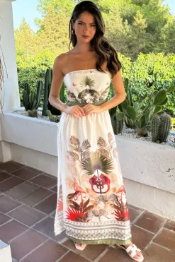 Cream Safari Print Strapless Shirred Waist Side Split Midi Dress