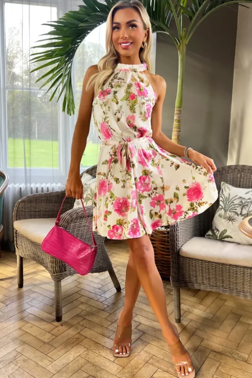 Cream Satin Floral Print Halterneck Mini Dress