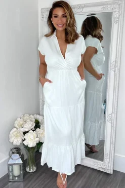Cream Short Sleeved V-Neck Midi Smock Dress