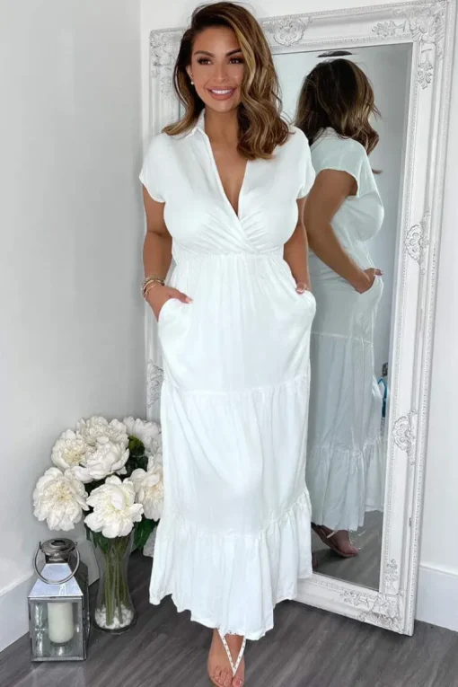 Cream Short Sleeved V-Neck Midi Smock Dress