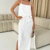 Cream Tie Waist Strappy Split Leg Midi Dress