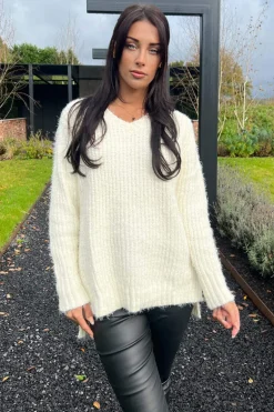 Cream V-Neck Chenille Knit Jumper
