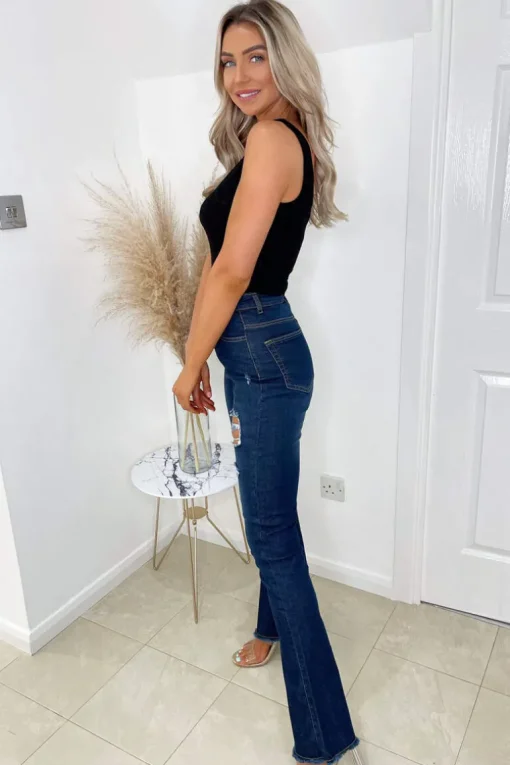 Dark Wash Ripped Flared Jeans