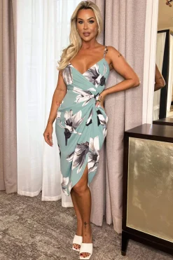 Duck Egg Floral Print Strappy Wrap Top Gathered Skirt Midi Dress