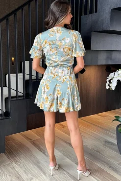 Duck Egg Floral Print Wrap Top Short Sleeve Skater Mini Dress