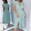 Duck Egg Frill Detail Double Split Skirt Midi Dress