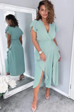 Duck Egg Frill Detail Double Split Skirt Midi Dress