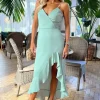 Duck Egg Frill Hem Strappy Midi Dress